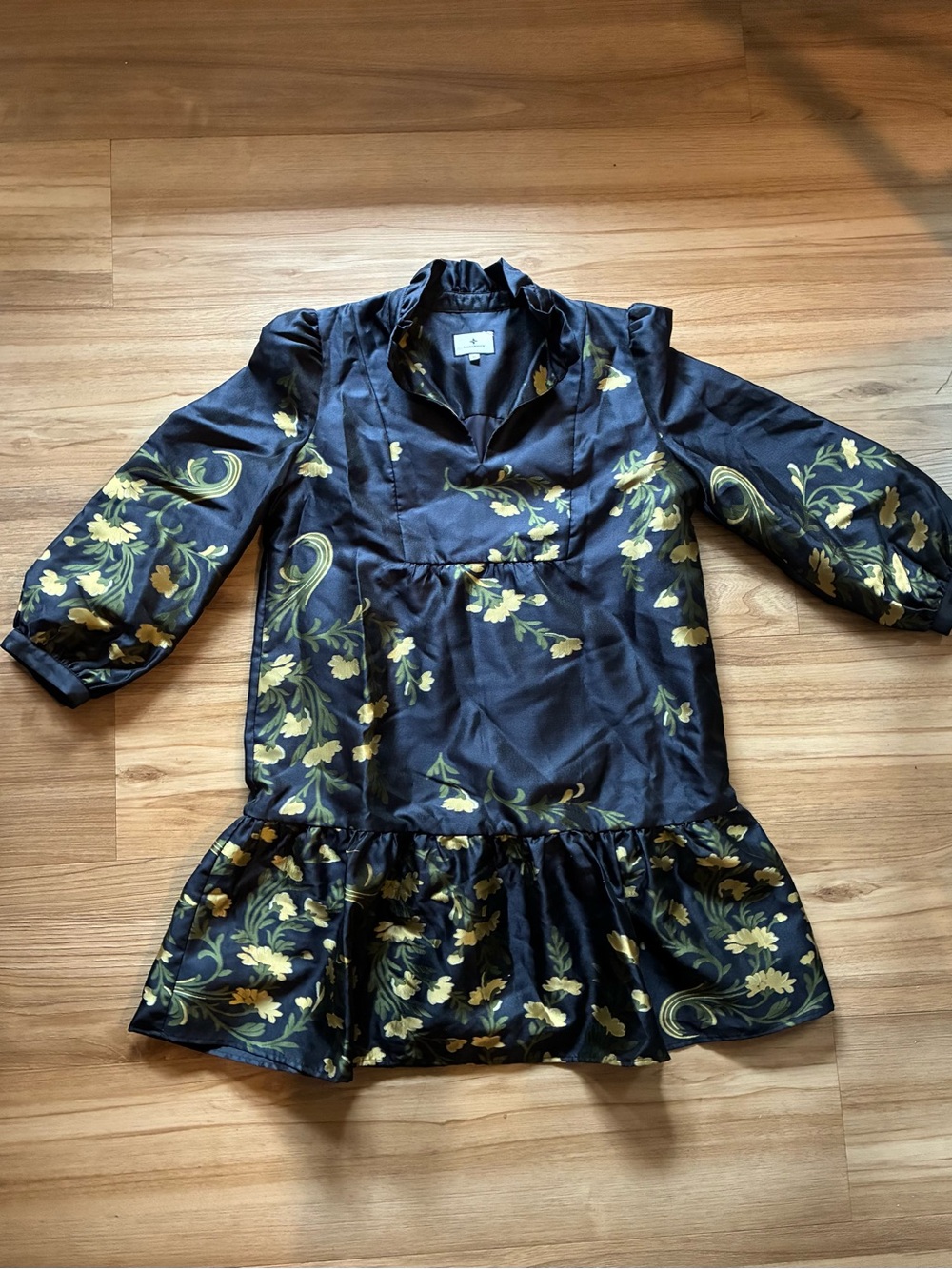 Tuckernuck Navy Floral Long-Sleeve Ruffle-Hem Dress